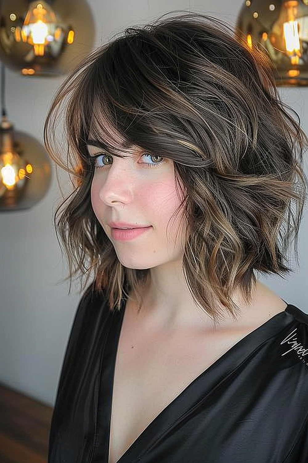 Woman with a wavy bob and side-swept bangs, highlighted with shades of brown