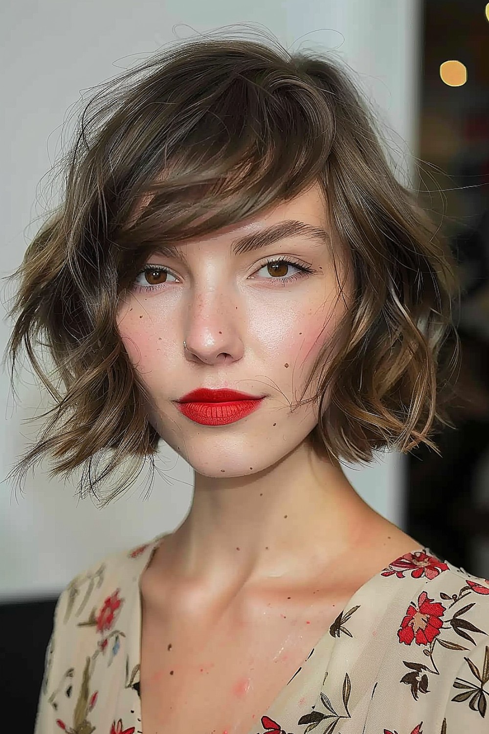 Wavy bob with side-swept bangs and loose waves