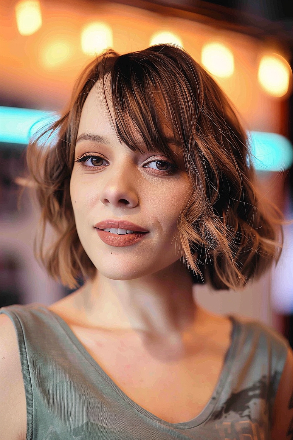 Woman with a wavy bob and side-swept bangs