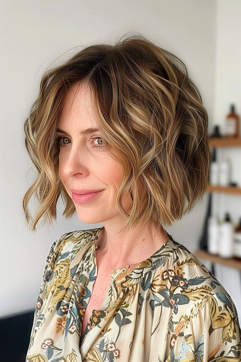 Wavy chin-length lob for women over 40