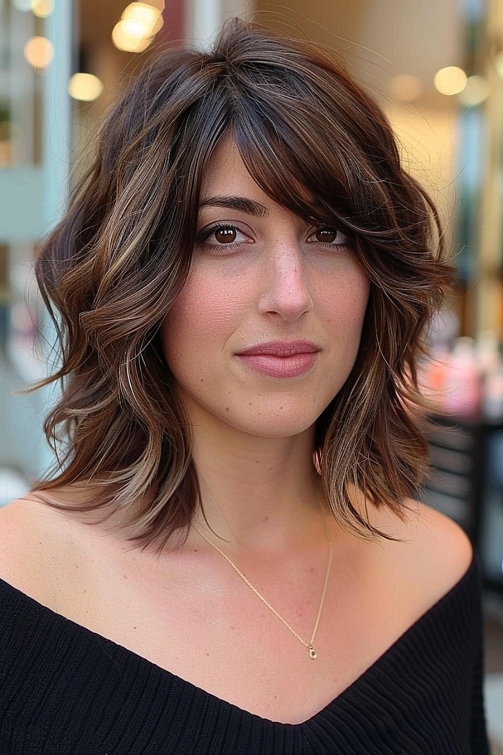 Wavy collarbone-length hairstyle with side bangs