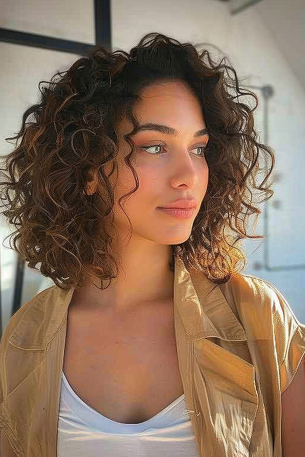 Woman with a wavy-curly hybrid lob and sombre coloring