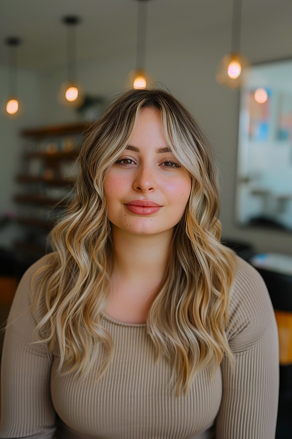 wavy hair and curtain bangs for round faces