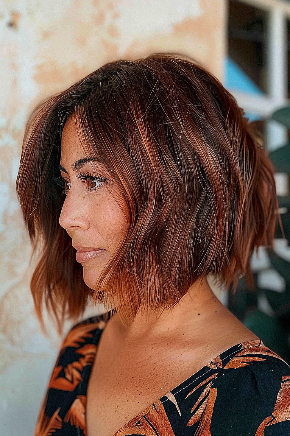 Wavy inverted bob with auburn highlights