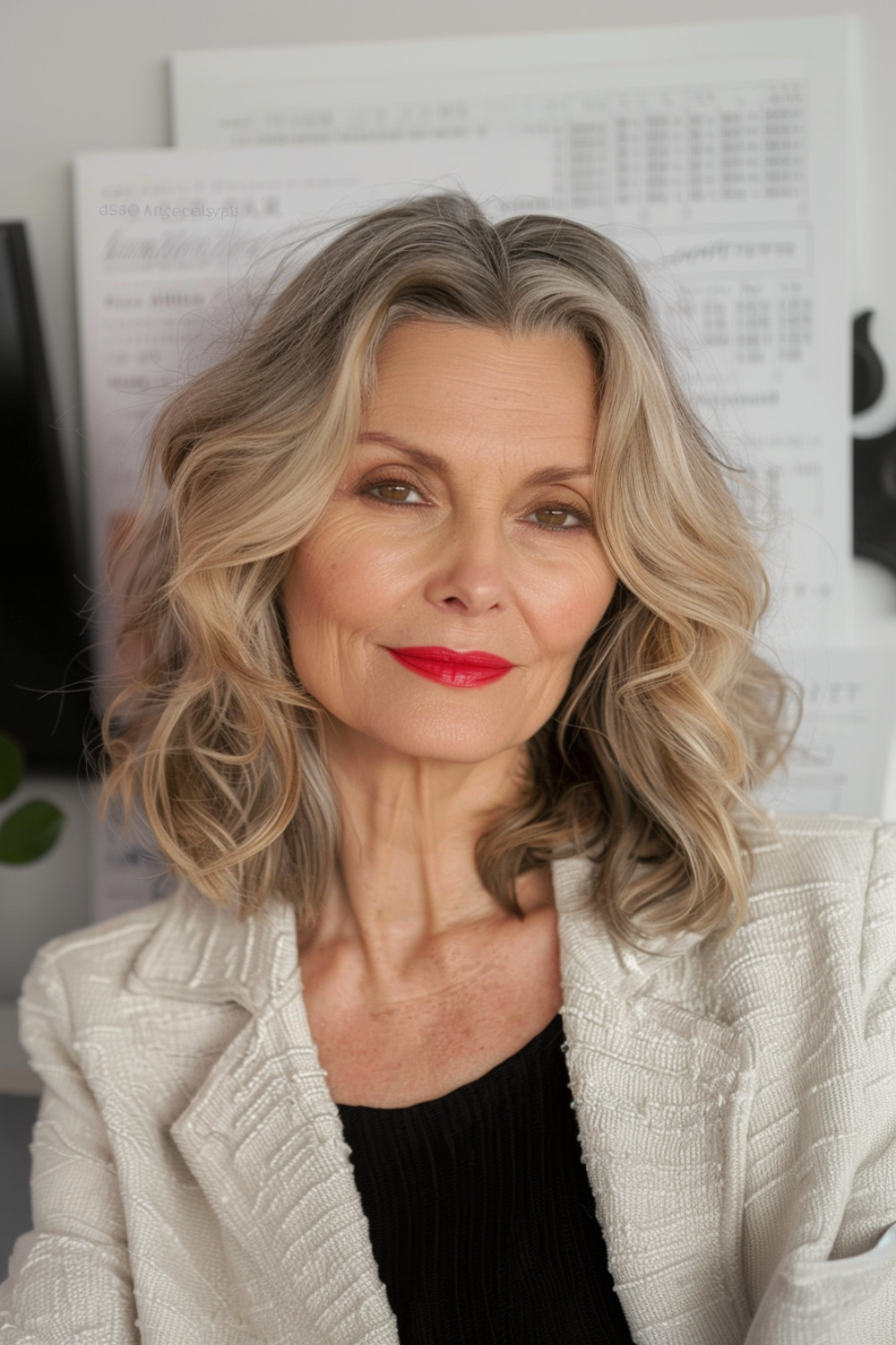 Wavy lob with blonde highlights for women over 60