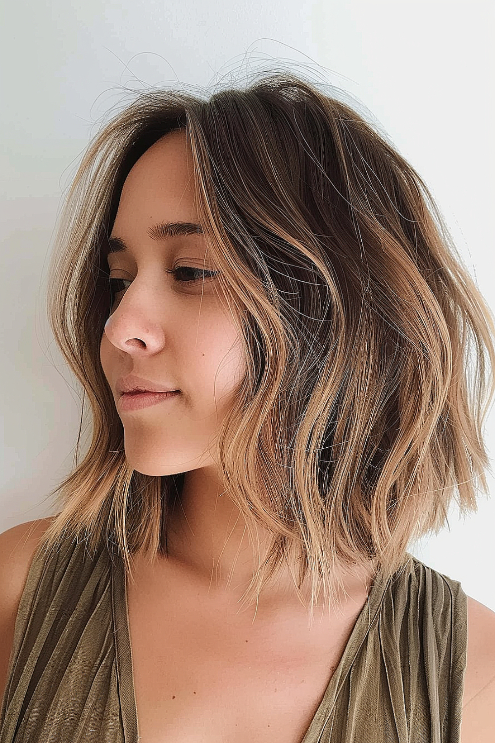 Woman with a wavy lob haircut and bronde balayage