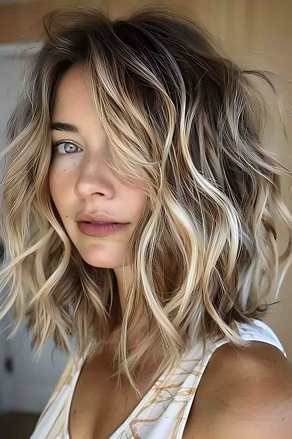 Wavy lob with dimensional blonde highlights