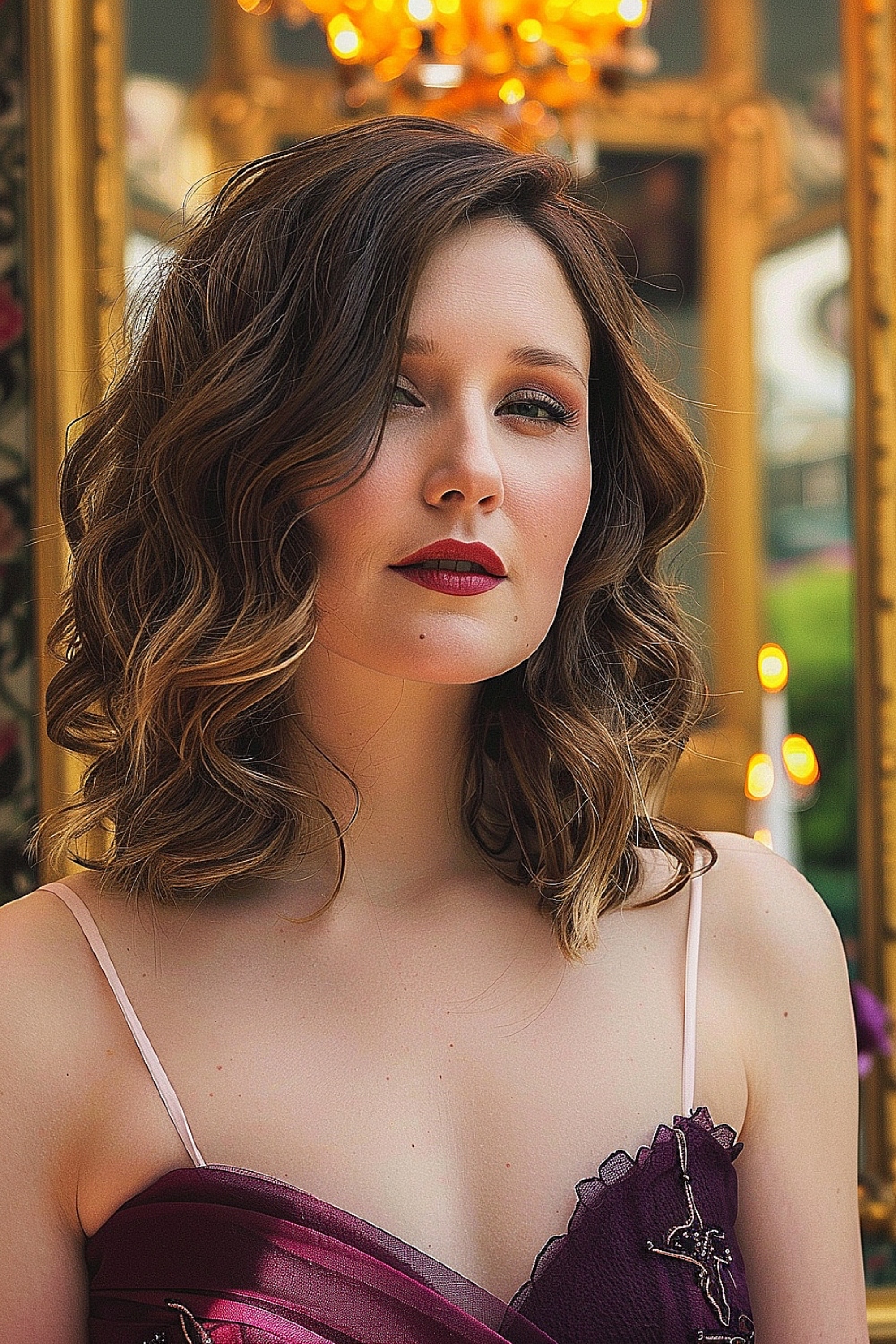 Wavy lob with dramatic side part and rich brunette tones