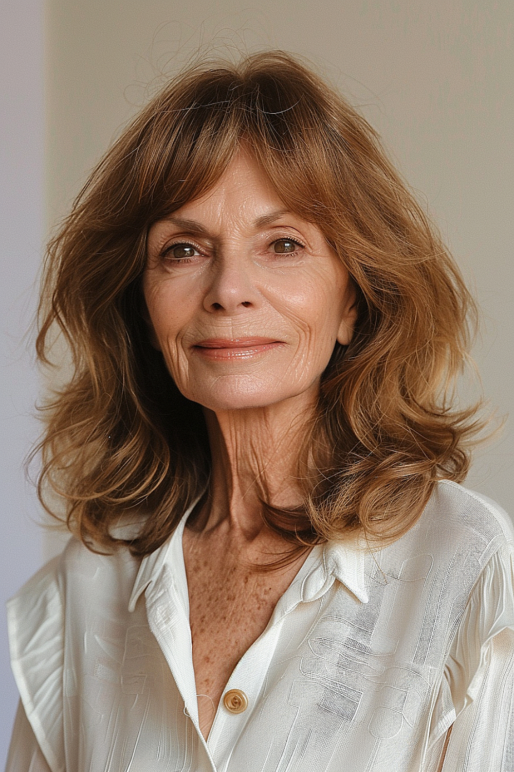 A woman with a wavy lob hairstyle and parted bangs