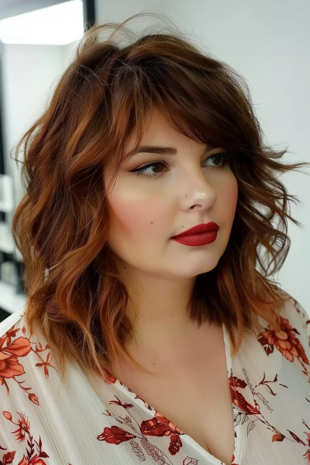 Wavy lob with side bangs