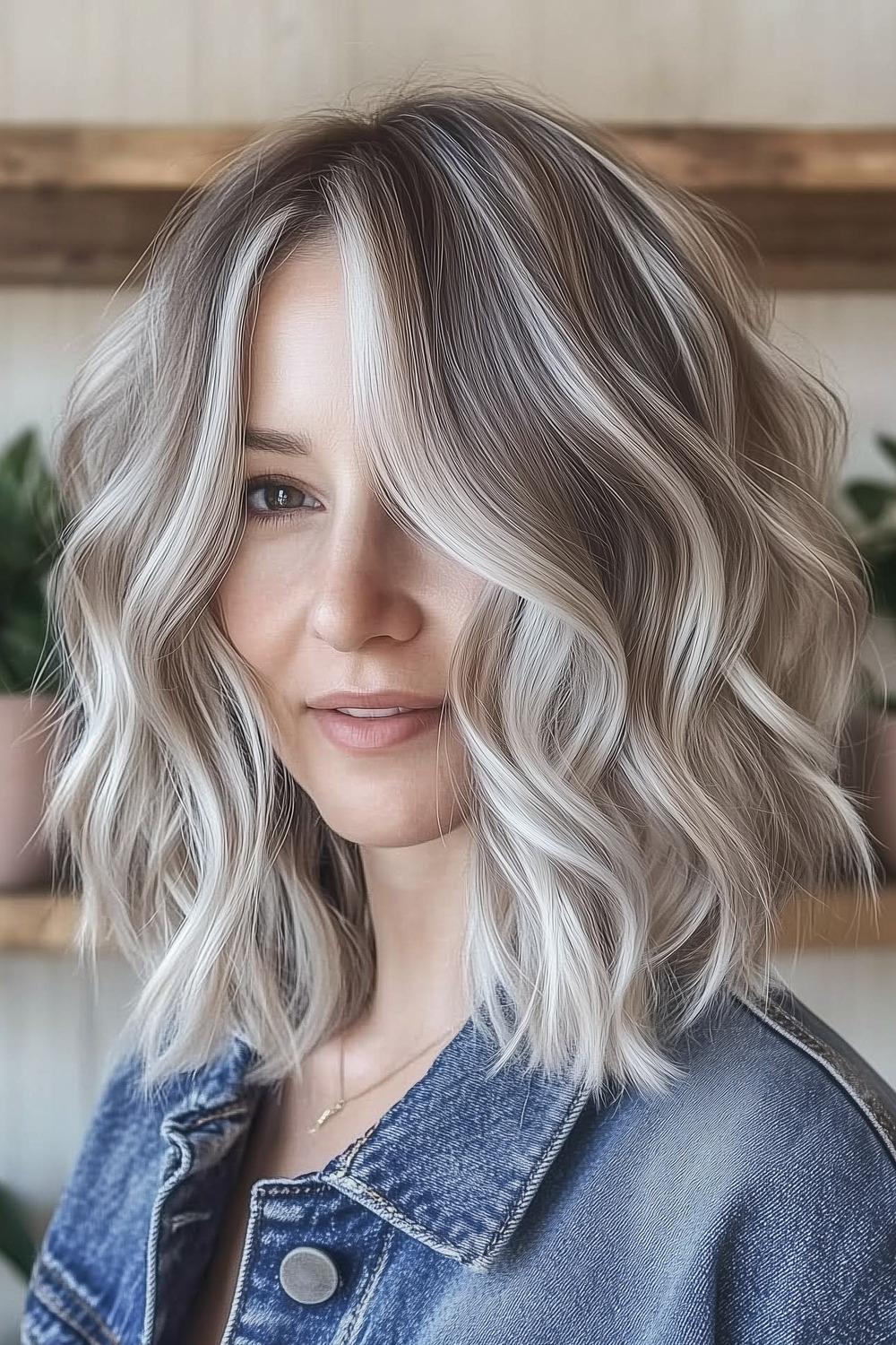 Wavy lob with subtle ash blonde balayage