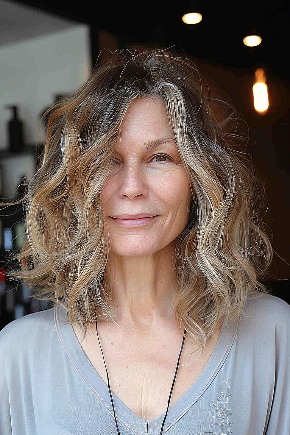 Wavy lob hairstyle with subtle layers and natural texture