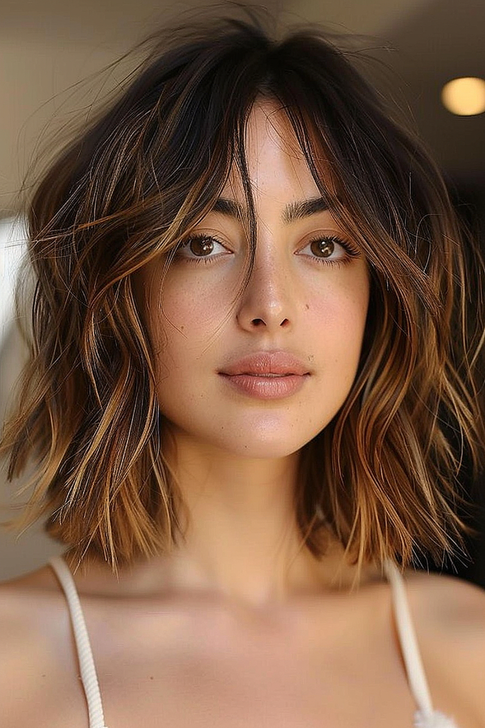 A wavy long bob with face-framing curtain bangs and balayage coloring creates a relaxed bohemian look