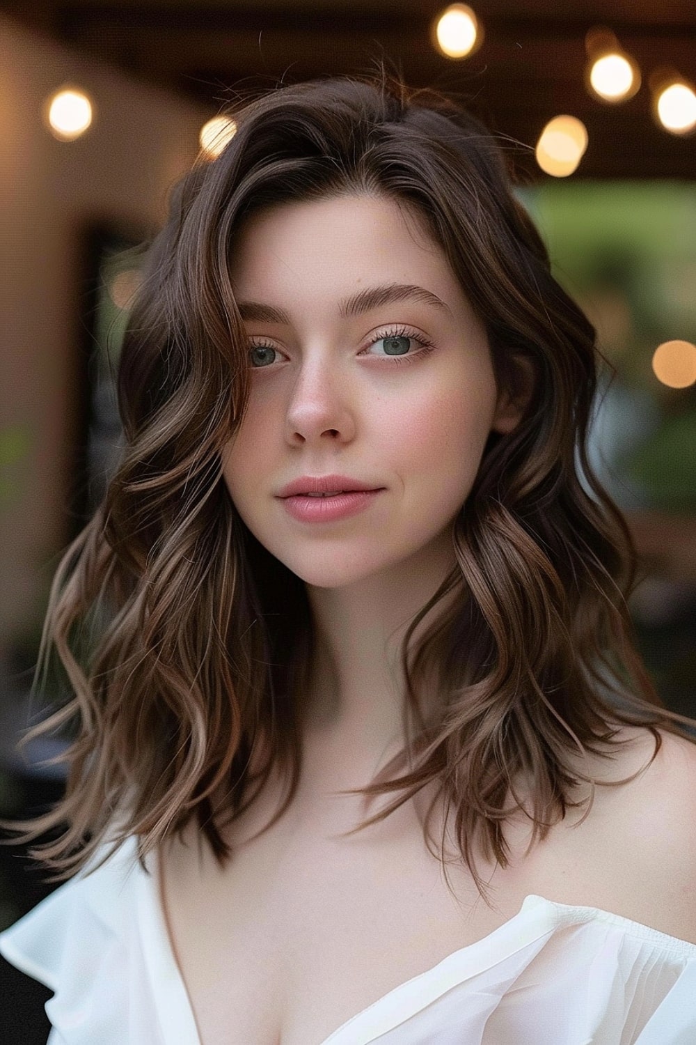 Woman with a wavy medium shag haircut and side part