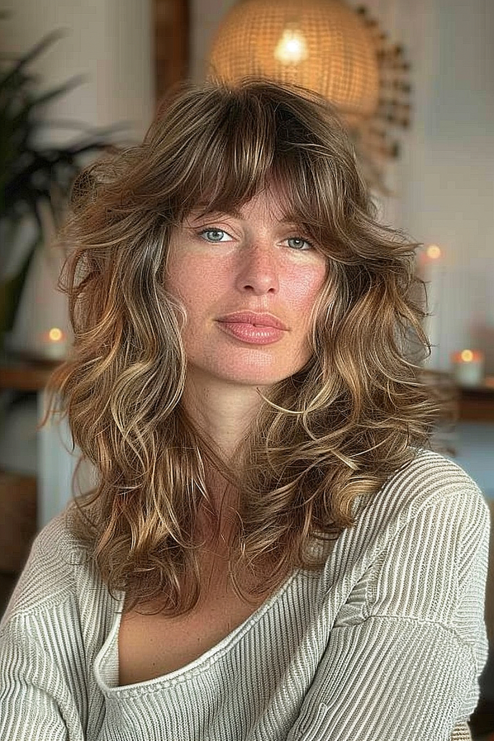 Woman with wavy mid-length hair and curtain bangs