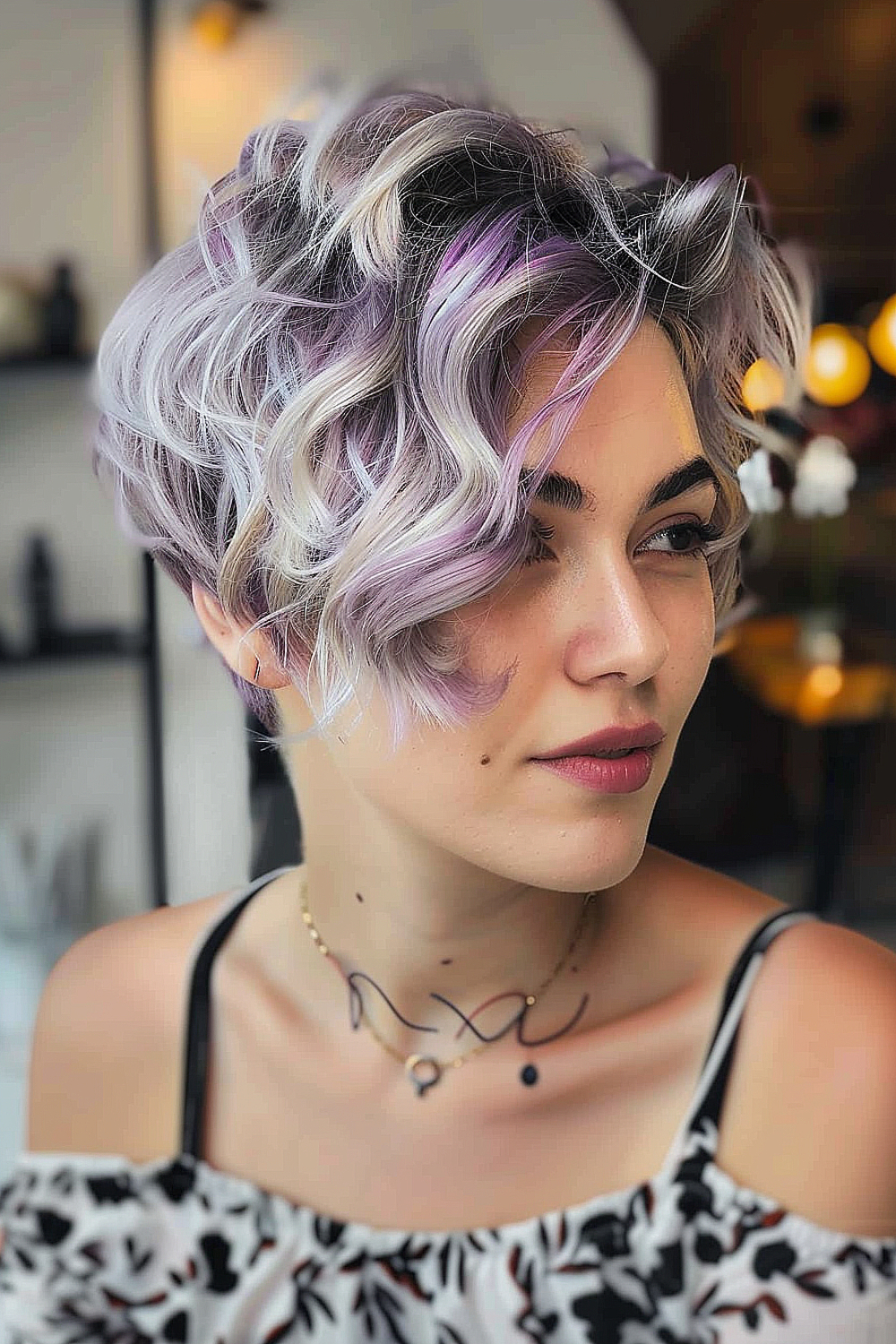 Woman with a wavy pixie cut and lavender highlights