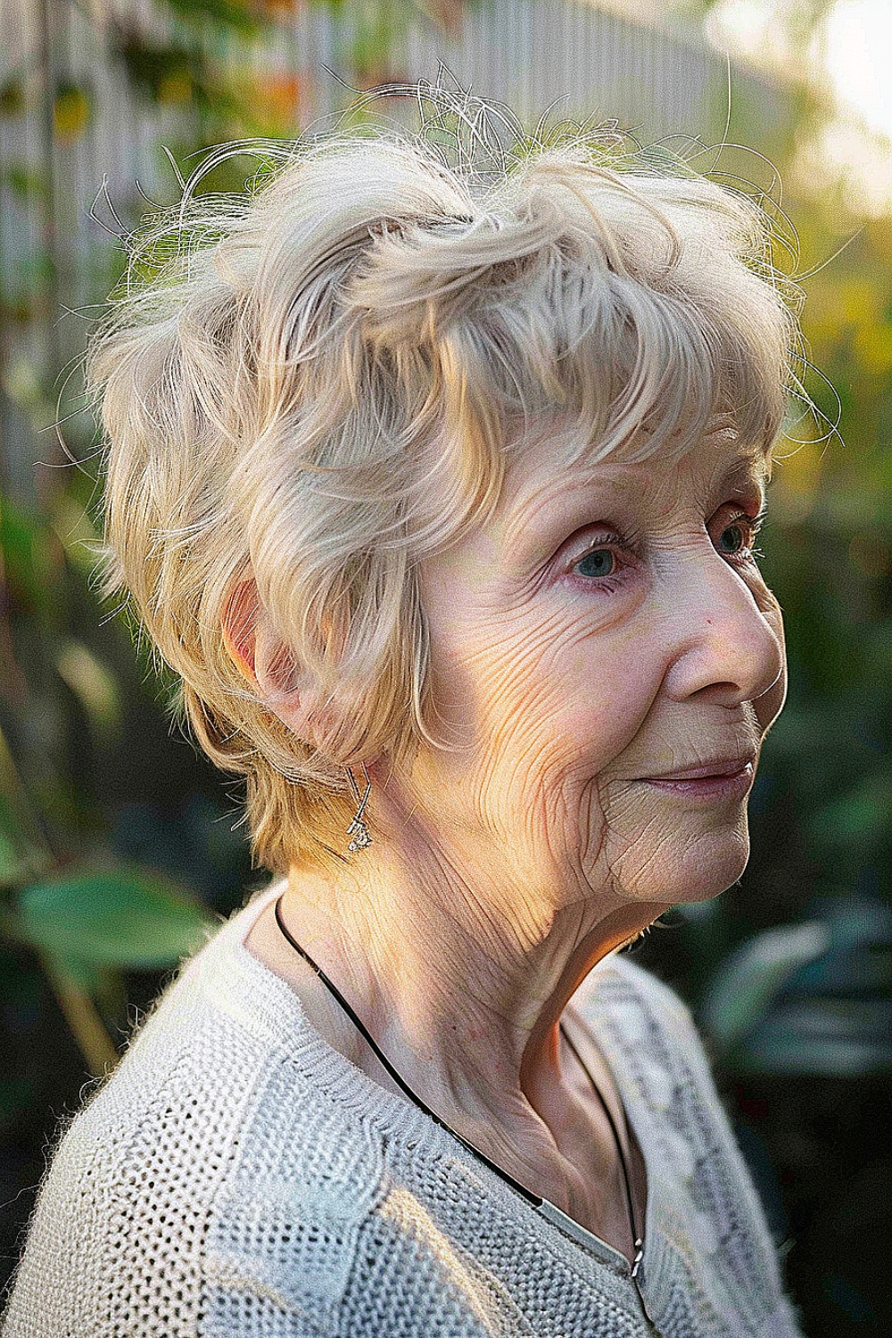 A woman with a wavy pixie shag haircut in light blonde, showcasing soft, tousled waves for a relaxed look