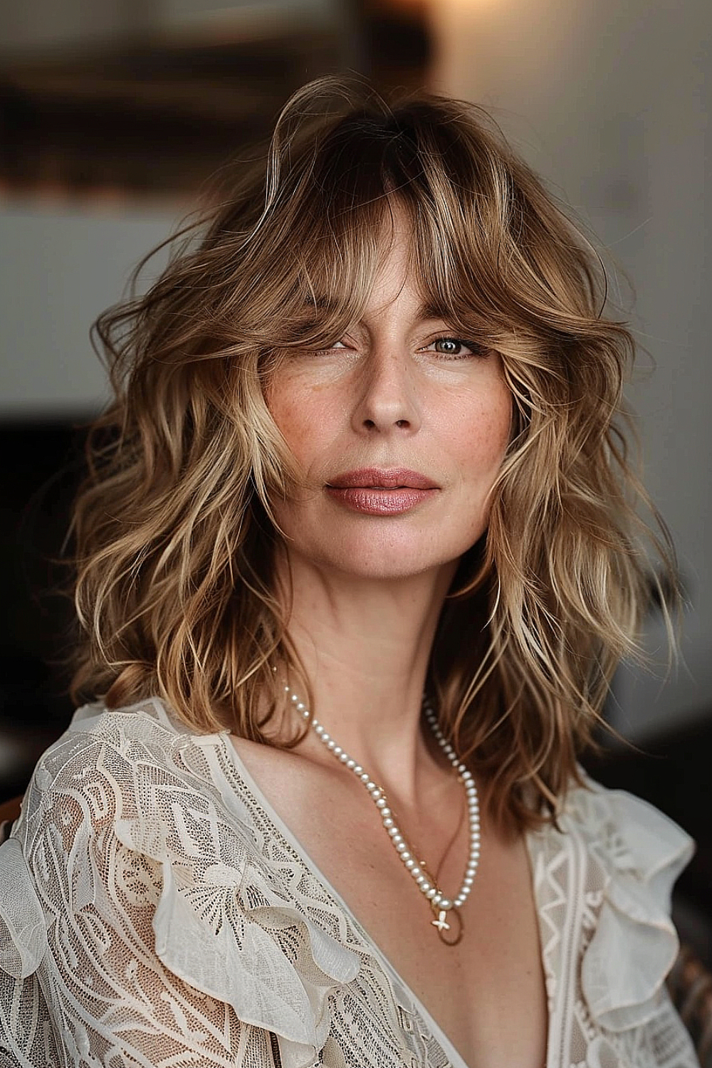 Medium-length layered shag haircut with soft curtain bangs and sun-kissed highlights