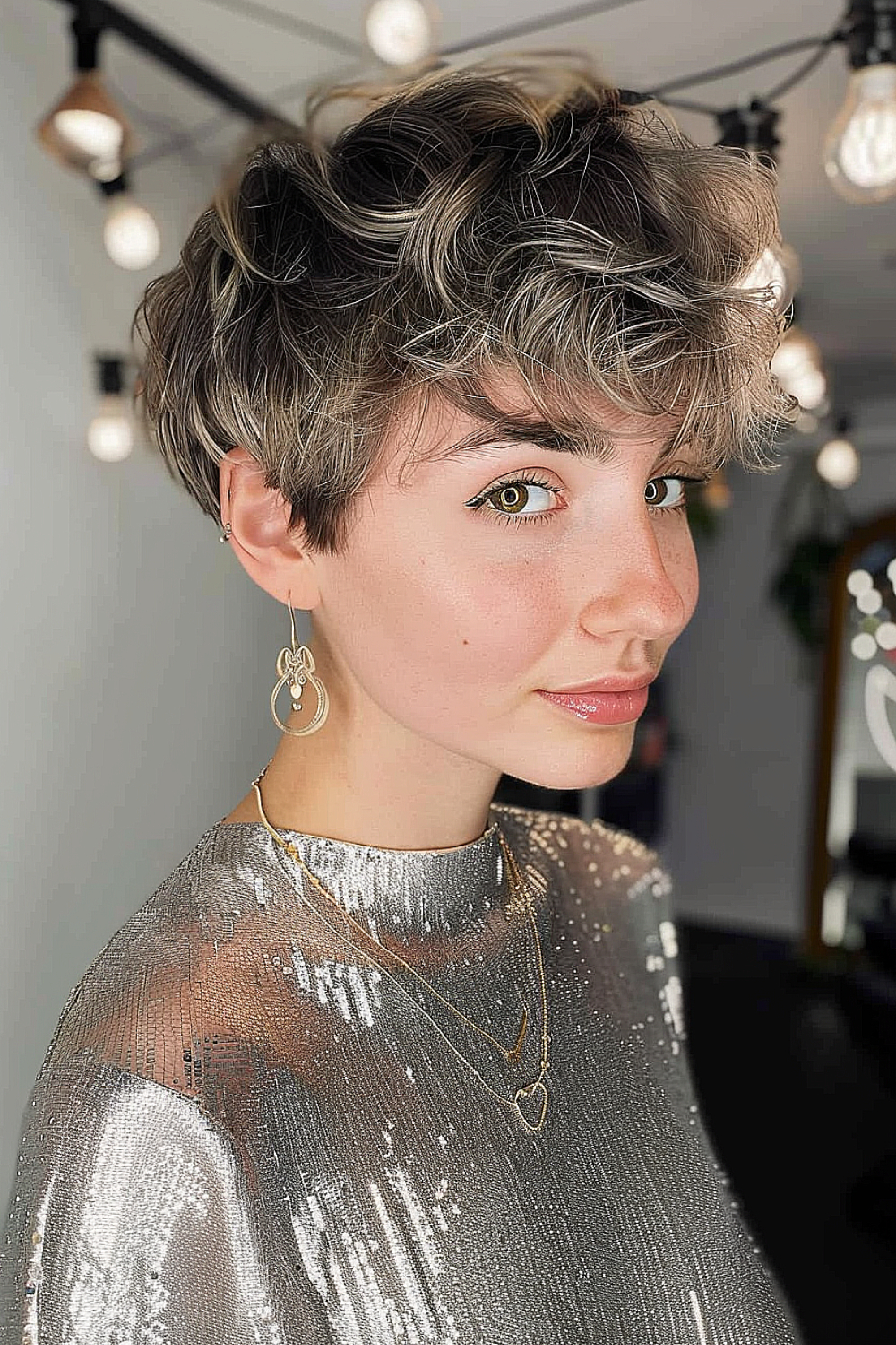 Wavy tousled pixie with soft natural waves and subtle highlights