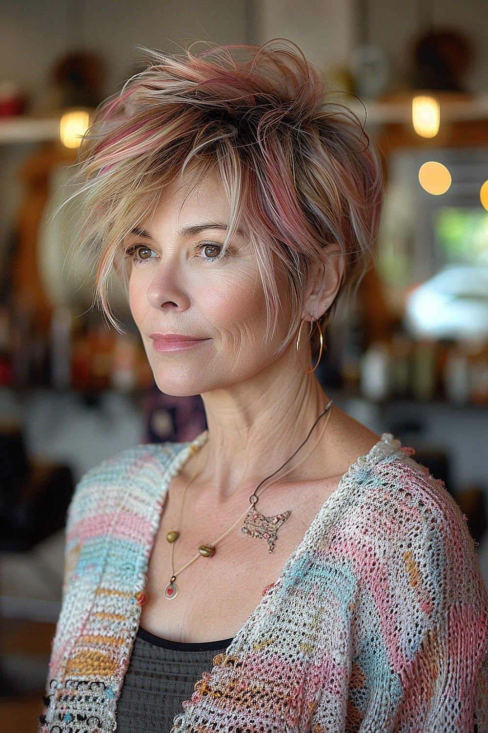 Whimsical layered pixie with pastel streaks