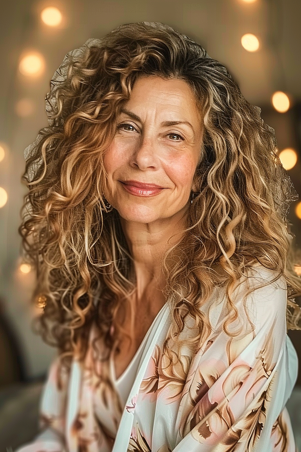 Woman over 60 with voluminous mid-length curls in a blend of golden and caramel tones