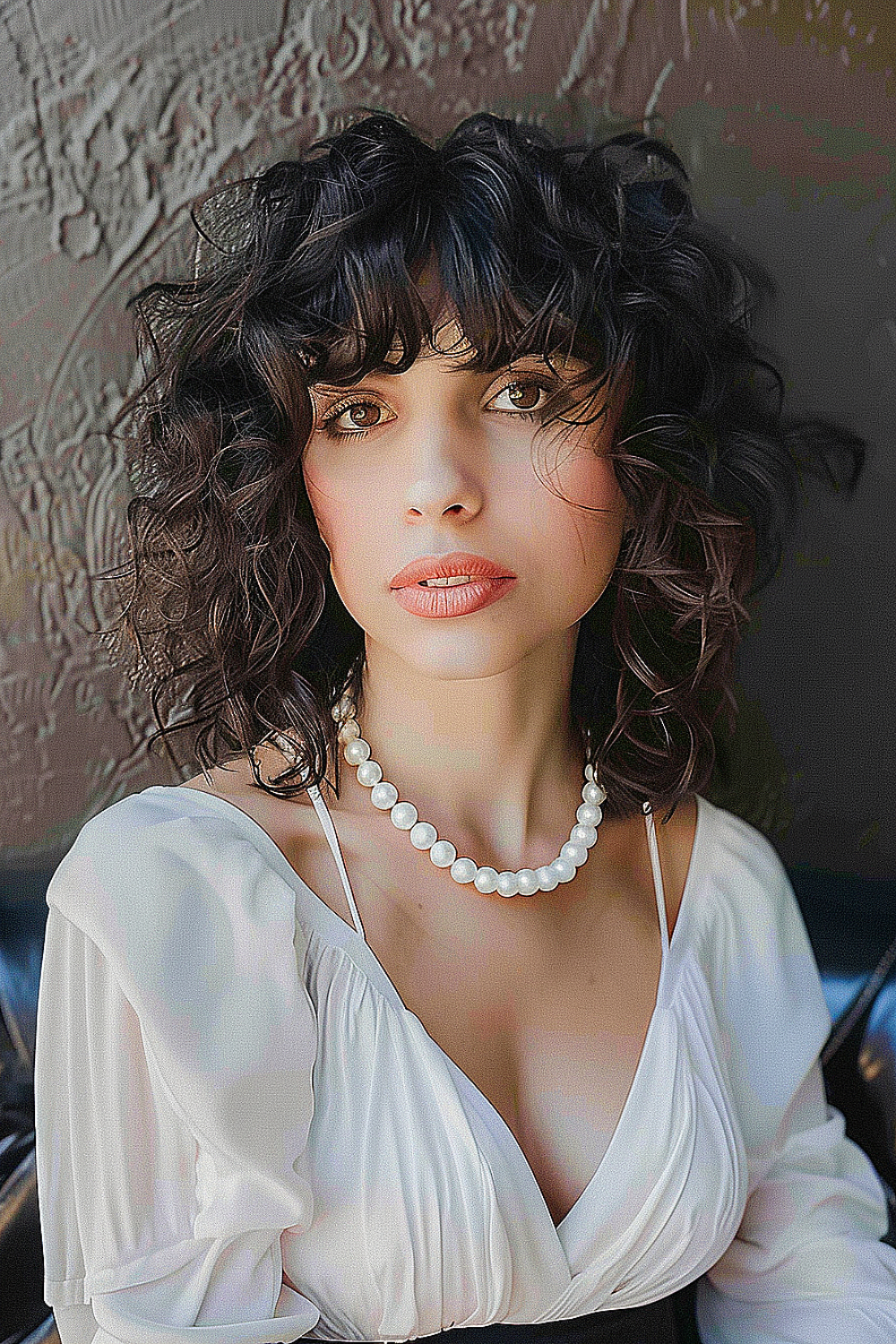 Woman with a whimsical shag hairstyle featuring curly bangs