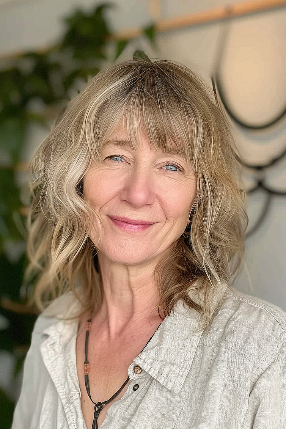 Woman with a wavy lob haircut and bangs