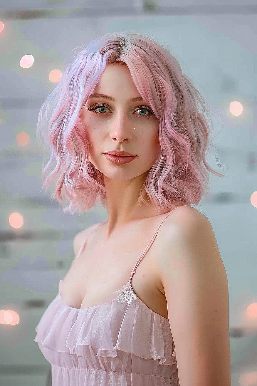 Wavy lob with pastel pink and lavender tones