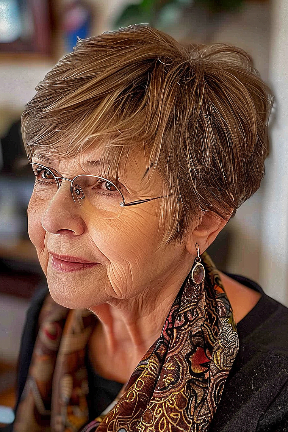 Woman with a wispy crop and subtle highlights