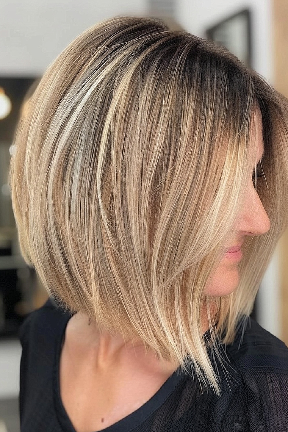 Wispy inverted bob with blonde balayage