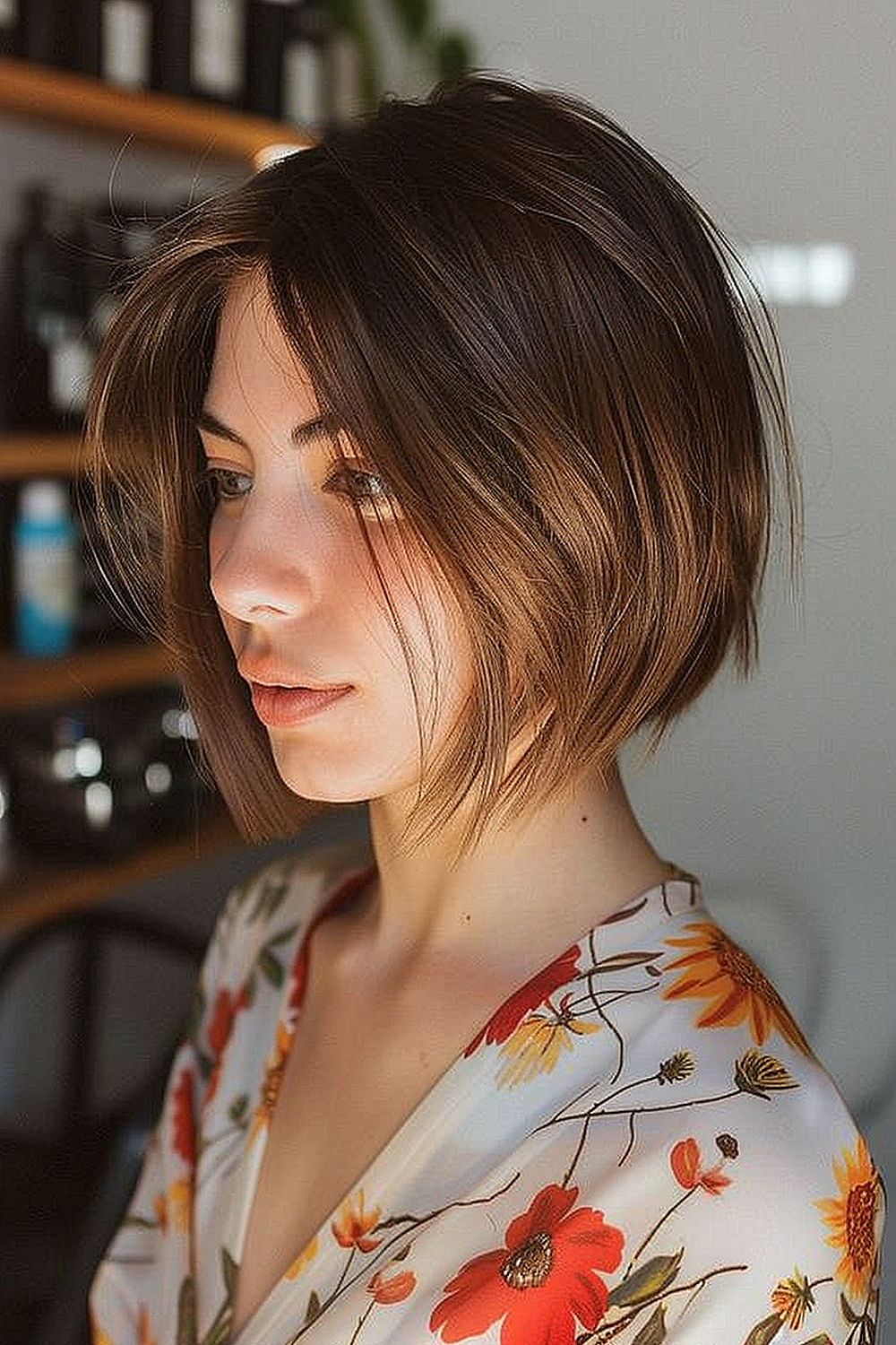 Angled bob with balayage highlights on a woman with straight hair.