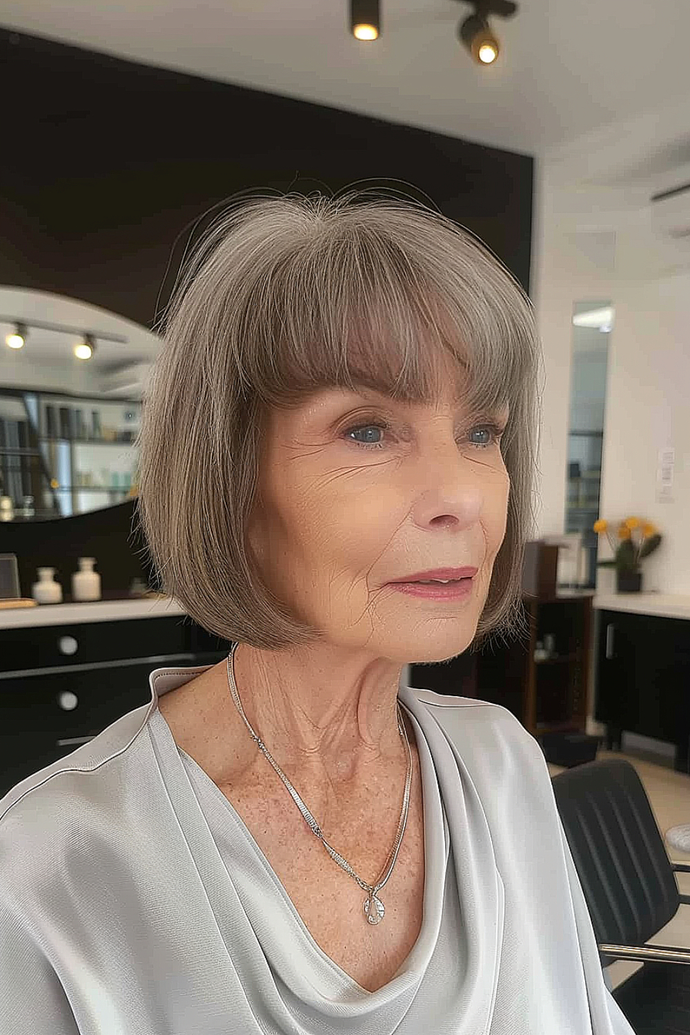 A mature woman with a wispy layered bob and soft bangs