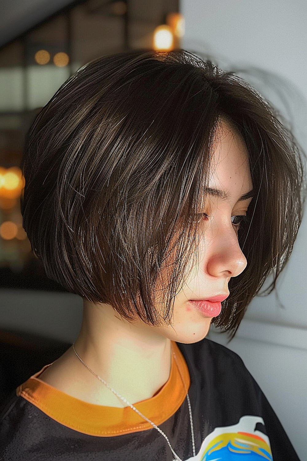 Woman with a wispy layered bob haircut