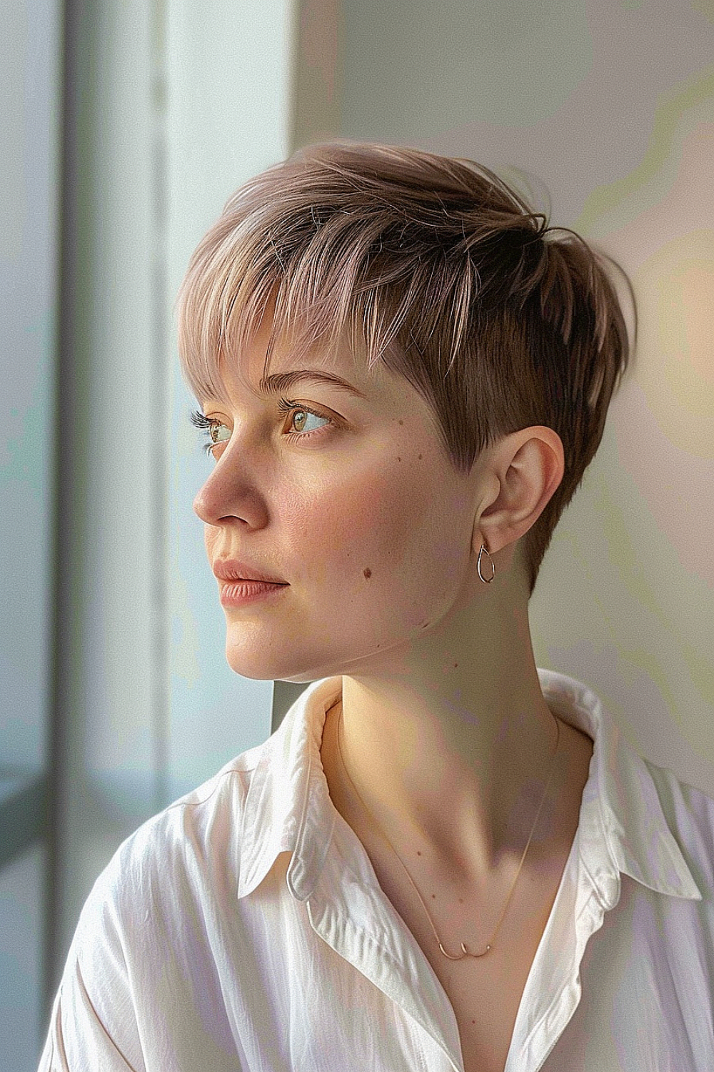 Close-up of a woman with a wispy layered pixie cut