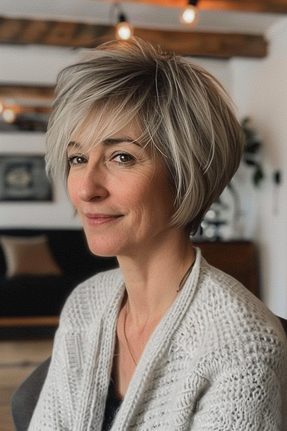 Wispy pixie bob hybrid with silver hair on a woman over 50