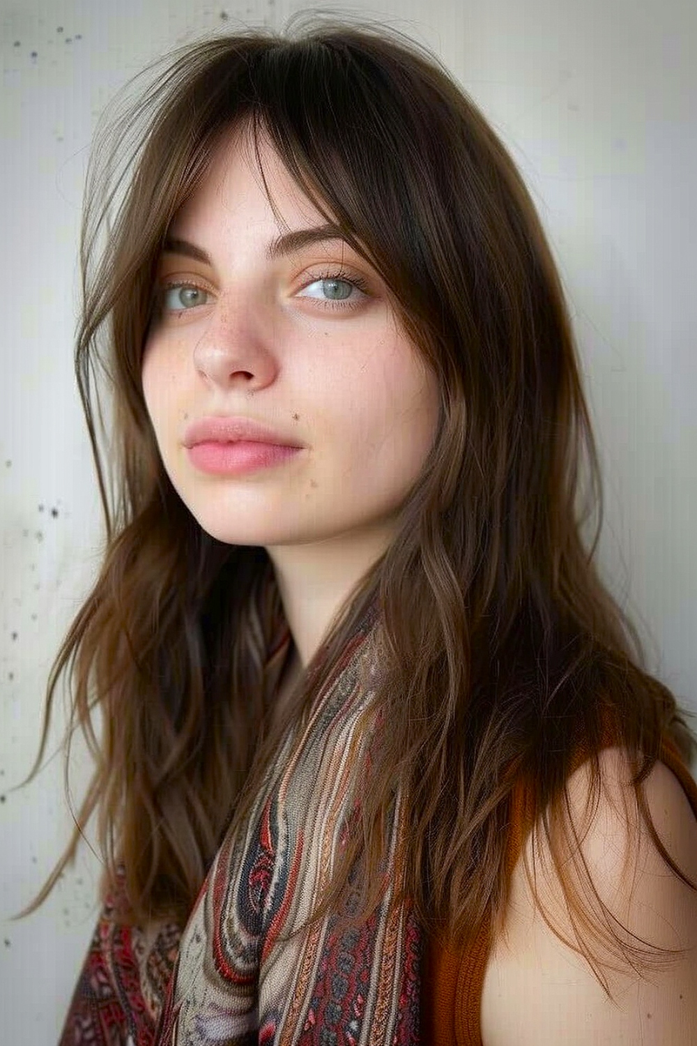 Wispy shag with curtain bangs on fine hair