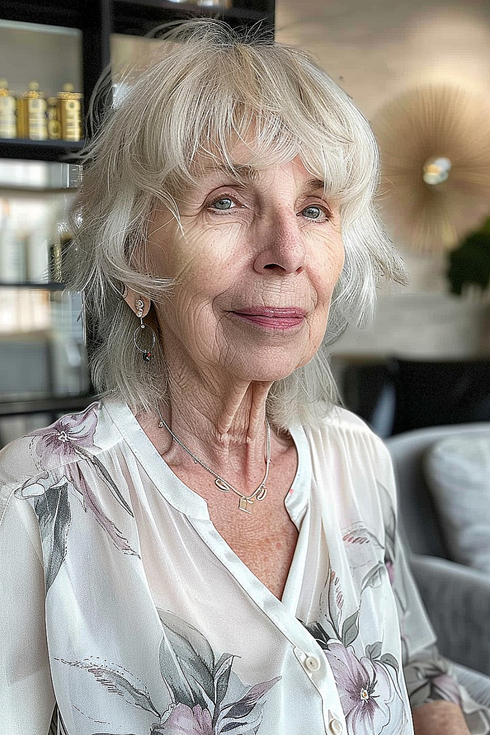 Wispy shag haircut with soft bangs on a woman over 70