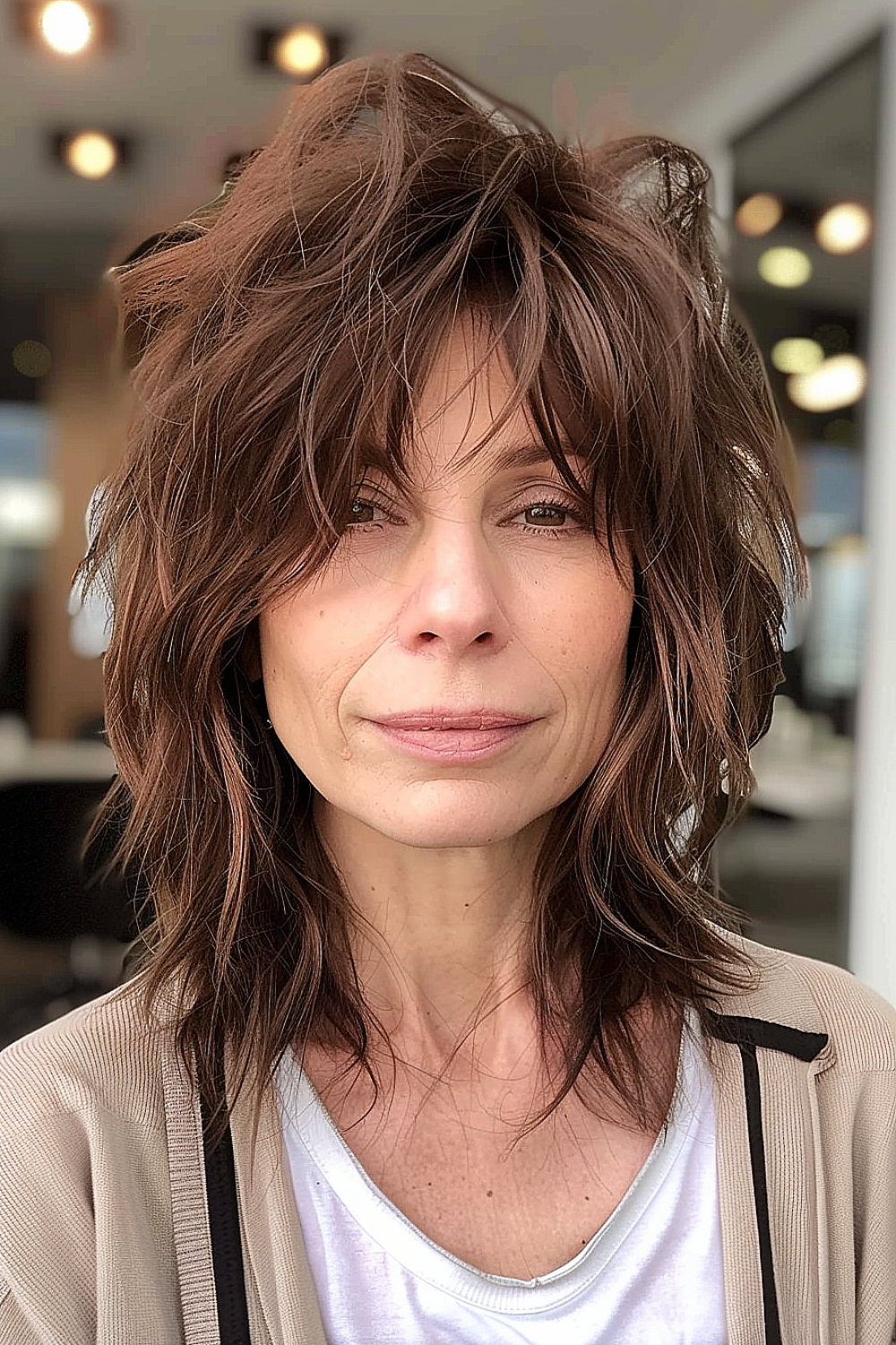 A woman over 60 with a wispy shag hairstyle, enhanced with subtle highlights