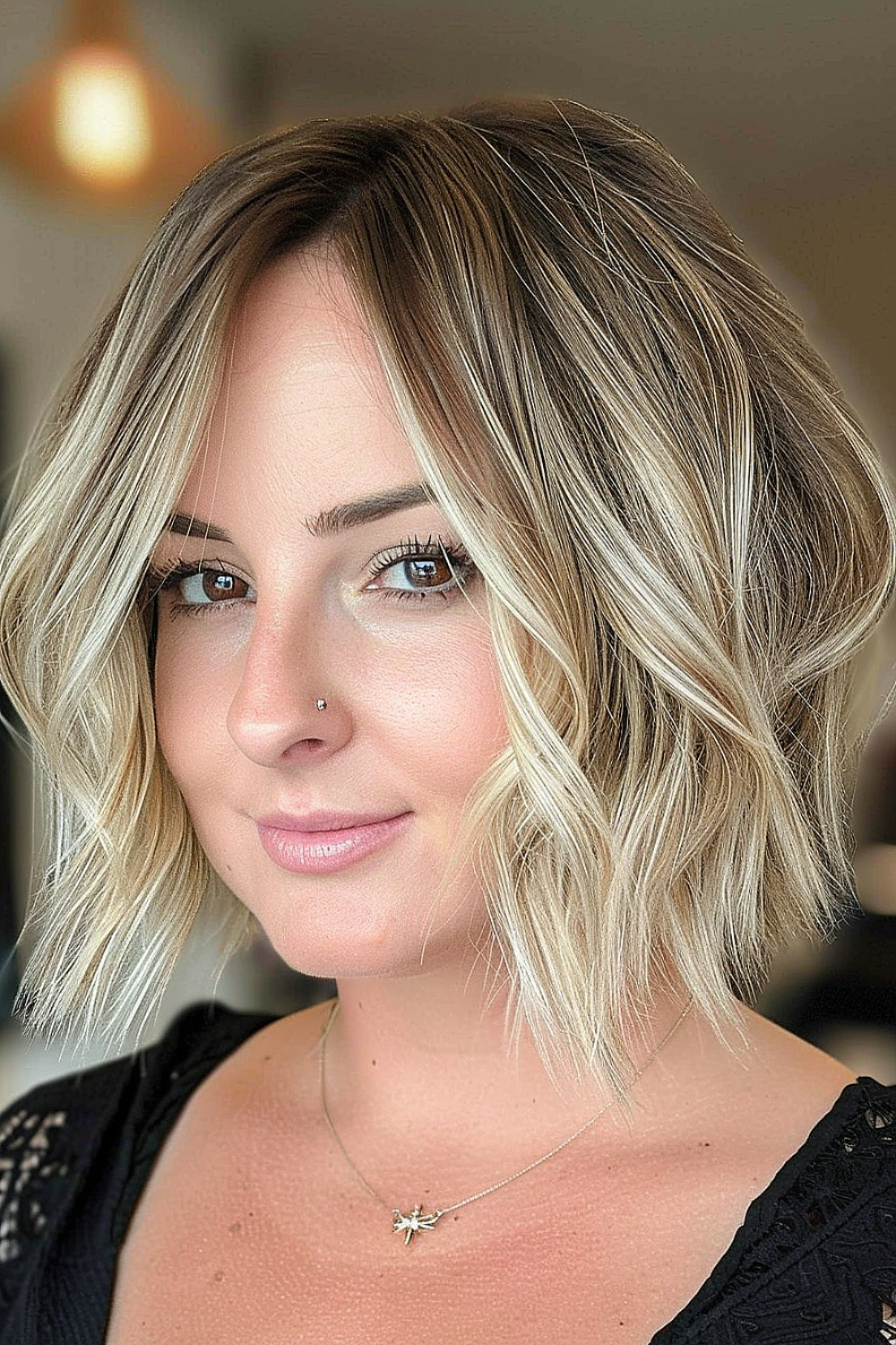 Woman with a wispy textured bob and blonde balayage