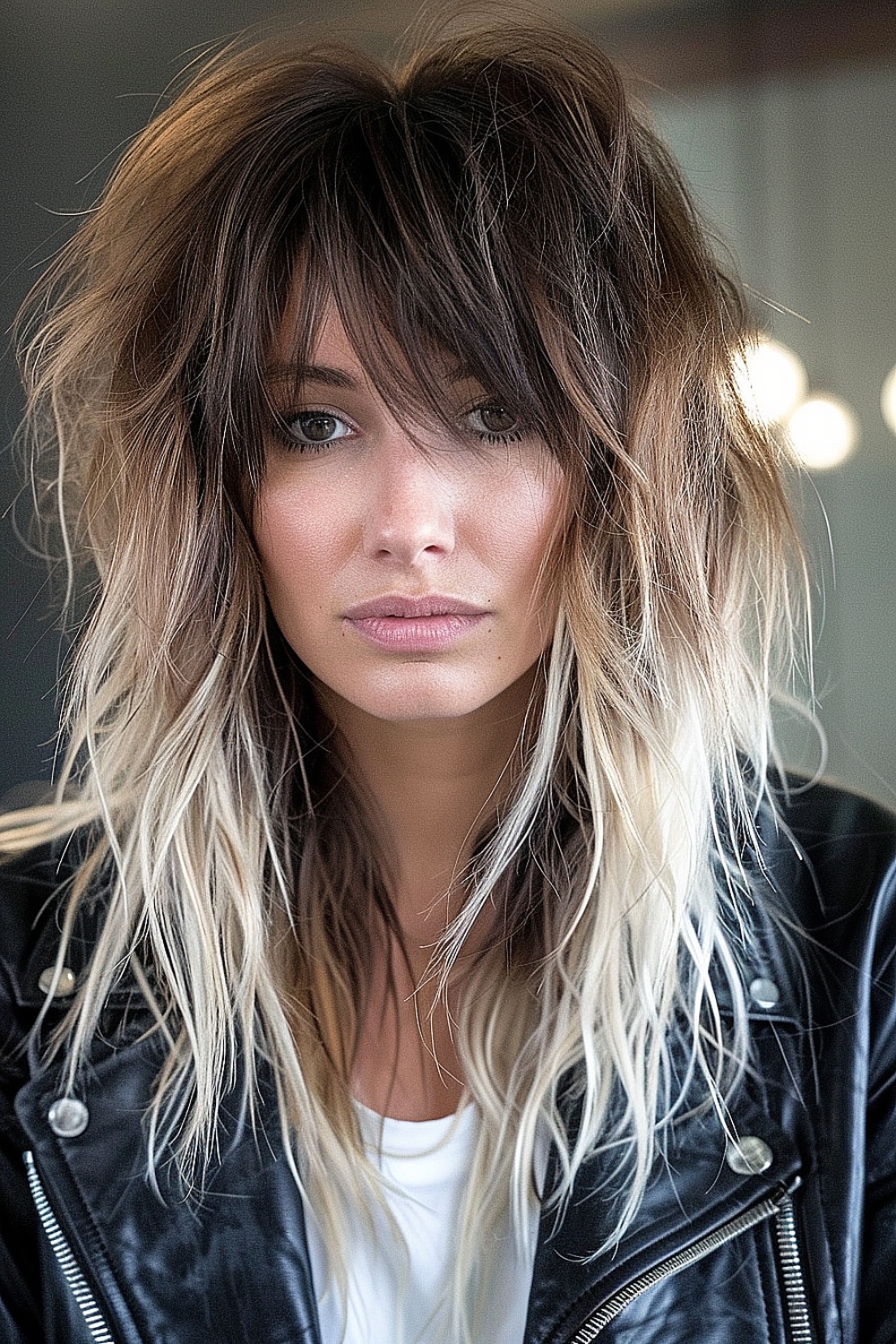 Wolf cut with choppy layers and tousled bangs on straight hair